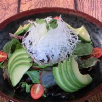 Avocado Salad · Spring mixed greens topped with avocado slices, sliced onions, daikon, cherry tomato, daikon...