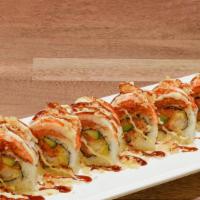 Hot Night Roll · Inside: spicy tuna, shrimp tempura, cucumber. Outside: spicy tuna, sushi shrimp, tempura cru...