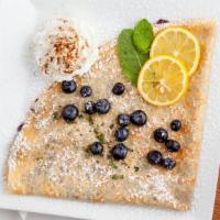 Blueberry Jam, Lemon Curd Crepe · Blueberry jam and Lemon curd in a freshy handcrafted crepe