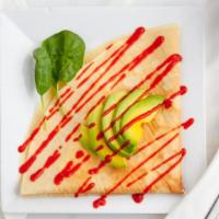 Eggs, Cream Cheese, Sriracha, Avocado Crepe · A freshly spunned crepe filled with Scrambled egg, cream cheese, bacon,
sriracha, & avocado