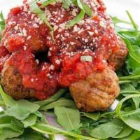 Meatballs · oven roasted beef meatballs, house made red sauce, shredded parmesan cheese, fresh chopped b...
