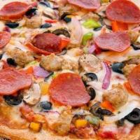 Supreme Pizza · house made red sauce, shredded mozzarella, bell peppers, black olives, mushrooms, pepperoni,...