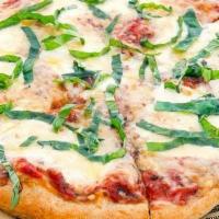Margherita Pizza (V) · house made red sauce, fresh mozzarella, shredded parmesan, garlic, finished with sea salt, f...