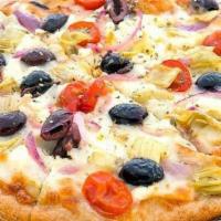 Mediterranean Pizza (V) · olive oil, shredded mozzarella, feta cheese crumble, artichokes, baby tomatoes, kalamata oli...