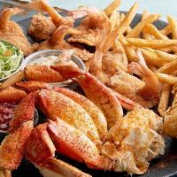 Captains Plate · BBQ Snow Crab, crispy fried shrimp, fried fish fillet with fries and coleslaw