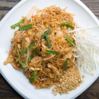 Pad Thai · Traditional Thai dish of stir-fried thin rice noodle with egg, bean sprouts, scallion, bean ...