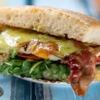 Grilled Chicken Sandwich · grilled chicken with cheddar, nitrate free bacon, arugula, tomato, tarragon mayo, served on ...