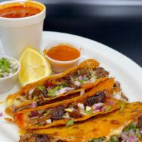New! Order Quesabirria · 3 tacos of quesabirria with onions, cheese, birria, and consome.