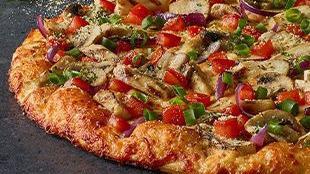 Chicken And Garlic Gourmet · The original chicken & white sauce pizza! Grilled white meat chicken, garlic, mushrooms, tomatoes, red & green onions, Italian herb seasoning on our creamy garlic sauce.