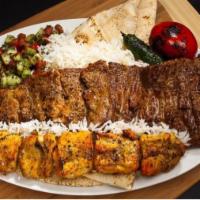 #21 Chelo Kabob & Chicken Kabob · Big appetites most popular order! One skewer of our beef filet and one skewer of our chicken...