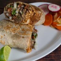 Asada Burrito · Grilled steak, mexican rice, pinto beans, onions, cilantro, and your choice of salsa.