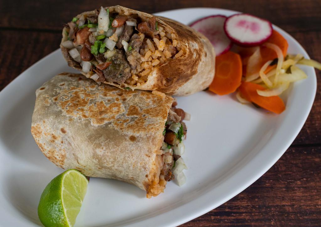Asada Burrito · Grilled steak, mexican rice, pinto beans, onions, cilantro, and your choice of salsa.