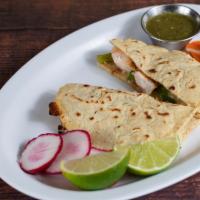 Camaron Mulita · Grilled shrimp with bell peppers and onions, stuffed between two 5-inch handmade corn tortil...