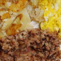 Corned Beef Hash · served with side choice, 2 eggs, toast