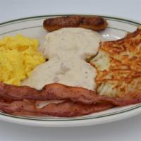Breakfast # 6 · 2 eggs, 1 sausage link, 2 bacon strips, hash browns or home fries and biscuit and gravy.