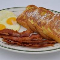 French Toast Combo - Bacon · 2 slices of French toast, 2 eggs, and 4 bacon.
