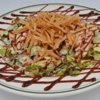 B.Q. Chick Salad · Fresh crisp lettuce tossed with corn, black beans, cheddar cheese, tomatoes,and ranch dressi...