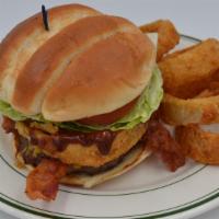 Bbq Western Burger · Topped with crisp bacon, onion rings, bbq sauce, fresh lettuce, tomatoes and pickles.. SOUP ...
