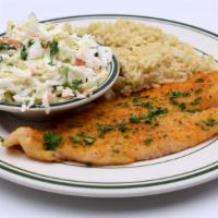 Sole · Lightly floured, grilled and brushed with lemon butter. Served with cole slaw and choice of ...