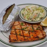 Salmon · Wild caught salmon. Served with cole slaw and choice of soup or salad and roll. SOUPS AVAILA...