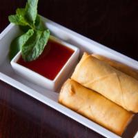 Pa Pia Tod - Crispy Veggie Spring Roll · Vegan. Mung bean noodle, cabbage, carrot, and black mushroom with plum chili sauce and fresh...