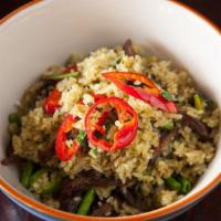 Khao Pad Gang Kiew Wan - Green Curry Fried Rice · Spicy! Dry green curry paste, Thai basil and Serrano peppers.