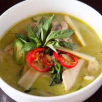 Gaeng Kiew Wan - Green Curry · Spicy. Coconut milk, Thai eggplant, bamboo shoots, fish sauce and basil.