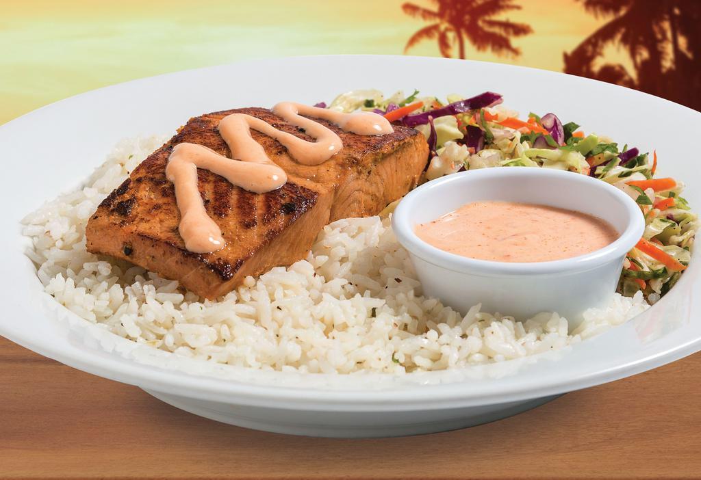 Salmon Bowl · Grilled with light soy marinade, served over rice & citrus slaw with a side of homemade aioli. 485 - 1000 cals.