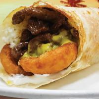 Hawaiian Burrito  · Teriyaki steak, Maui Onion Rings, cheese, rice, sour cream and spicy Maria’s green sauce. 12...
