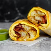 Bacon, Egg, And Cheddar Breakfast Burrito · 3 fresh cracked, cage-free scrambled eggs, melted Cheddar cheese, smokey bacon, and crispy p...