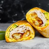 Smoked Turkey, Avocado, Egg, & Cheddar Breakfast Burrito · 3 fresh cracked, cage-free scrambled eggs, melted Cheddar cheese, sliced smoked deli turkey,...