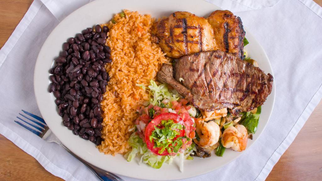 Carne Asada, Grilled Chicken, & Garlic Prawns · Combination plate served with rice beans and tortillas.