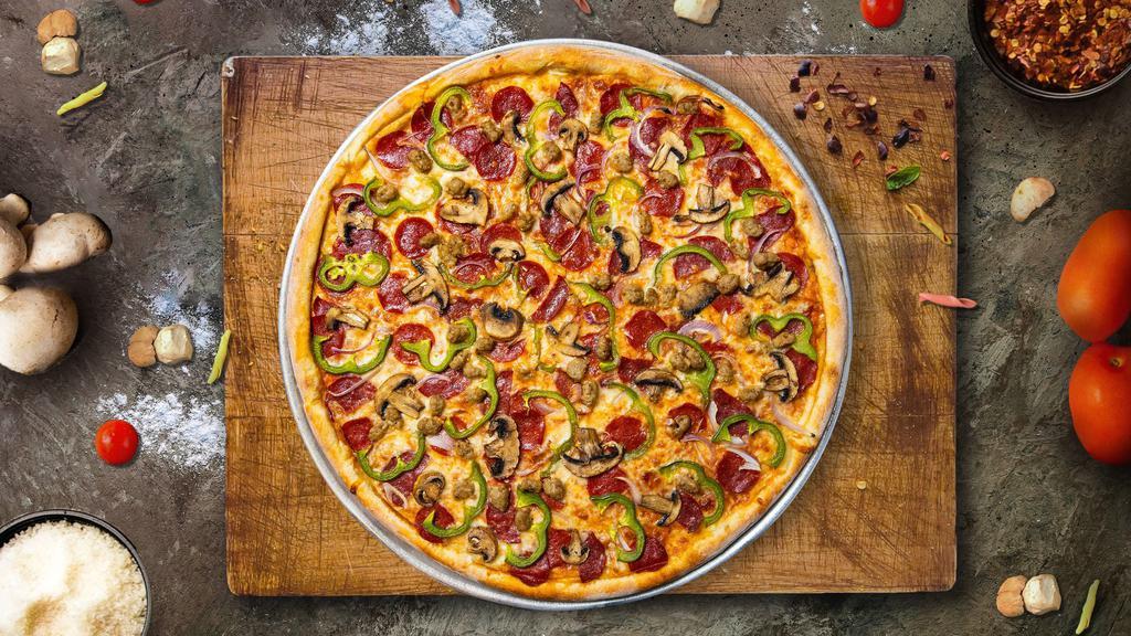 Guns Are Loaded Pizza  · Fresh mushrooms, green peppers, red onions, pepperoni, and fresh mozzarella baked on a hand-tossed dough