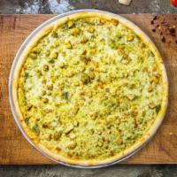 Pesto Pest Pizza  · Fresh pesto, chicken, mozzarella cheese, and parmesan baked on a hand-tossed dough