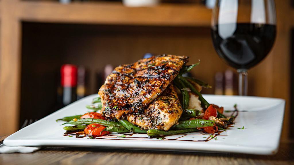 Balsamic Chicken · Two 6 oz chicken breasts grilled and marinated with a house made balsamic glaze served with roasted potatoes and a mushroom & asparagus medley