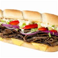 The Unreal Gourmet Steak · Unreal Steak Slices, (V) Provolone, Red Onion, Roasted Red Peppers, Shredded Lettuce, (V) Ga...