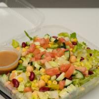 Chop Salad · Chop Romaine, Garbanzo, Tomatoes, Cucumber, Beans, Corn, Mozzarella Cheese Italian Dressing ...