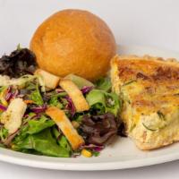 Quiche With Salad Or Soup · Choice of quiche du jour with choice of tossed green, potato, pasta salad or soup du jour