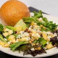 Blue Cheese Apple Salad · Fuji Apples, Crumbled Blue Cheese, Roasted Walnuts on Bed of Romaine Lettuce Tossed with App...