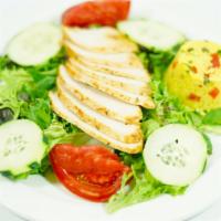 Mediterranean Salad · With cold chicken breast & couscous on mixed greens, garnished with cucumbers and tomato wed...