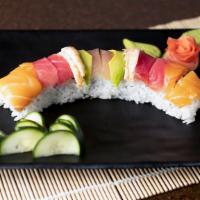 Rainbow Roll · (kani, avo) assorted raw fish.
