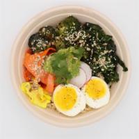The $7 Grain Bowl · brown rice, six veggies, two seeds, soft egg