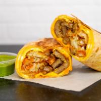 Sausage, Egg, And Cheddar Breakfast Burrito · 3 fresh cracked, cage-free scrambled eggs, melted Cheddar cheese, seared pork sausage pattie...