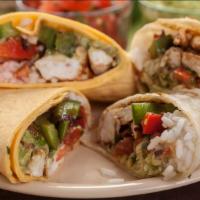 Chicken Burrito · Tender, marinated, grilled chicken wrapped in a soft flour tortilla with shredded lettuce, a...