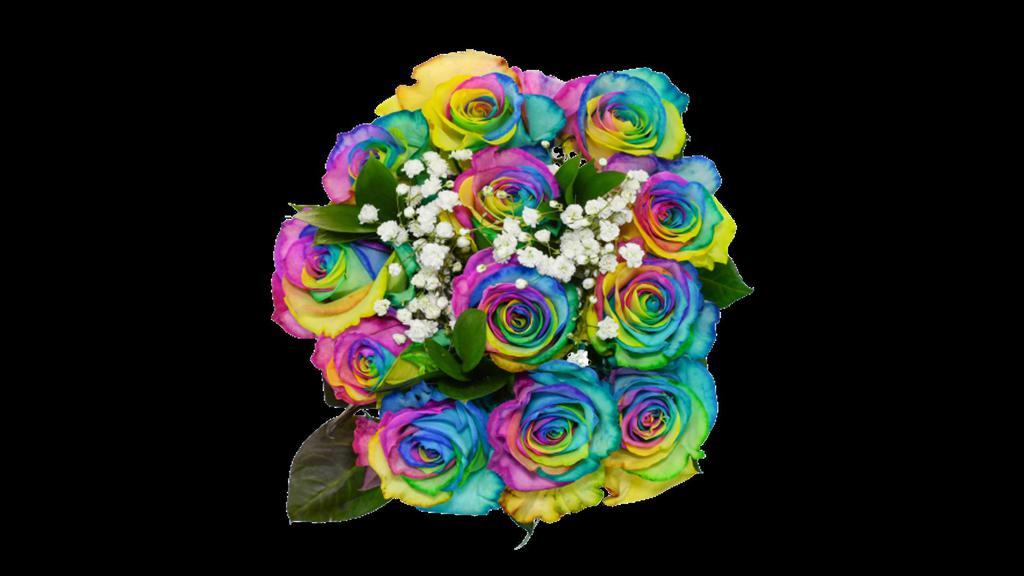 Premium Tie-Dye Rose Bouquet · Make a statement with these stunning tie-dyed roses.  The perfect gift to celebrate any occasion! This uniquely sensational rose bouquet features a bright and irresistible rainbow of colors, baby’s breath and assorted greens.