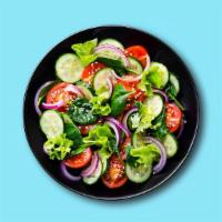 Sunshine Salad · House salad with green leaf lettuce, diced tomatoes, cucumbers, and onion