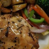 Family Style Chicken With White Wine Herb Pan Sauce · 7 oz Jidori chicken sauteed in white wine, herbs and its own juices, Served with sauteed veg...