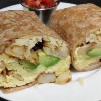 Mondo Burrito · Scrambled Eggs, Cheese, Avocado, and . Breakfast Potatoes rolled in a Whole Wheat Tortilla. ...