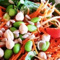 Garden Salad · Romaine Lettuce, Baby Greens, Red Cabbage, Cucumbers, Carrots, Tomatoes, Garbanzo Beans, Eda...