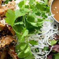 Asian Tempeh Salad · Grilled Tempeh on a bed of Organic Field Greens tossed in Ginger Miso Dressing with Toasted ...